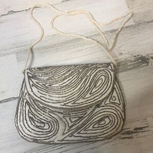 Vintage White Sliver Beaded Elegant Evening Bag Purse Small Soft Strap